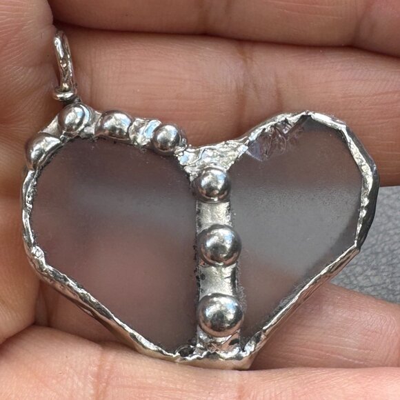 Handcrafted Stained Glass Heart Pendant w/ Silver Blend Metalwork SS Ball Chain - Picture 8 of 11